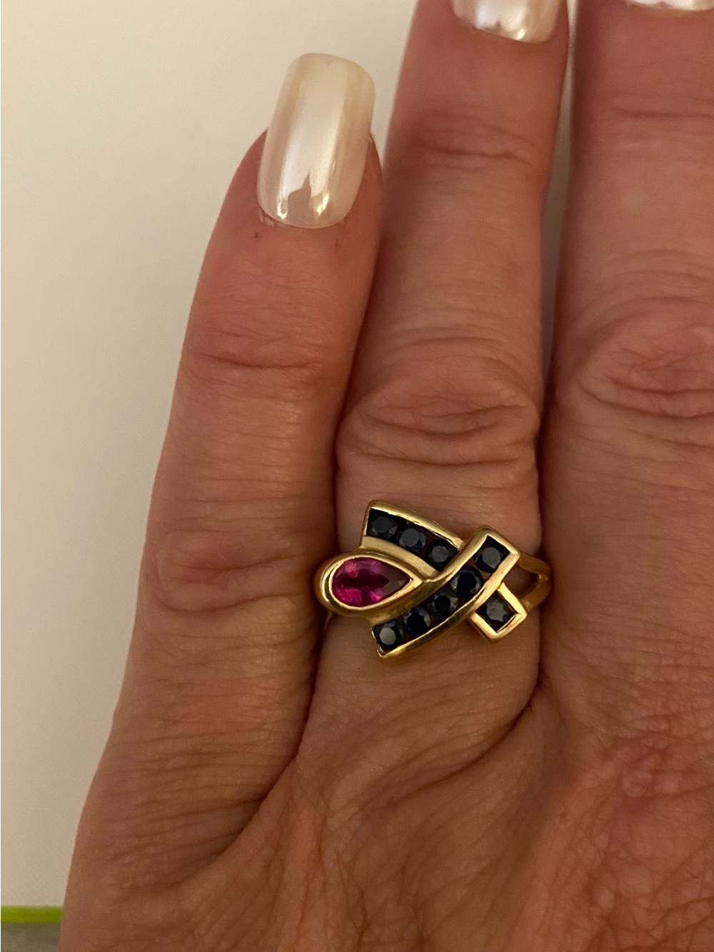 Gold XO Ring with Ruby Teardrop and Sapphire Accents Size 7